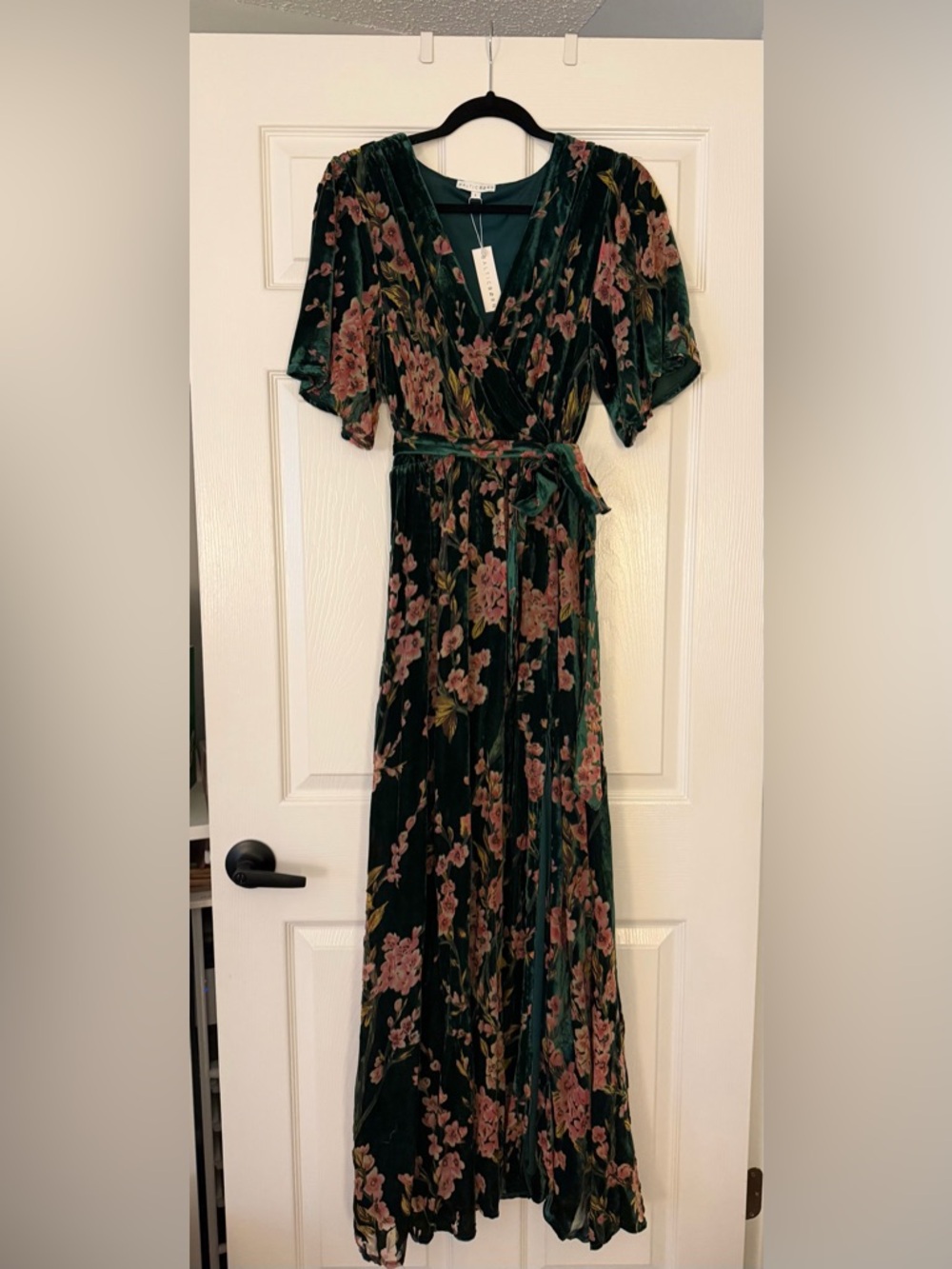 Baltic Born Green Velvet Floral Wrap Maxi Dress with Pink Blooms